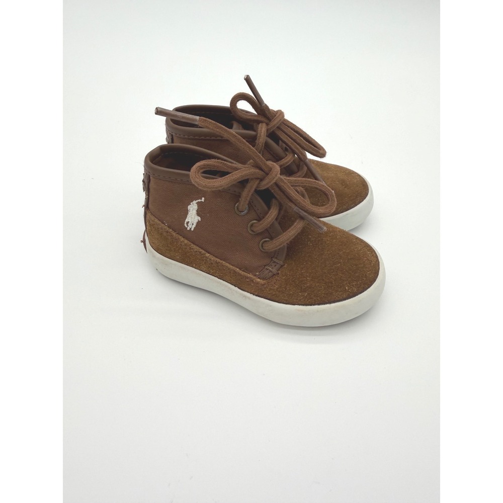 Polo Ralph Lauren High Top Sneakers Boys Size 5 Brown Suede Canvas Lace Up